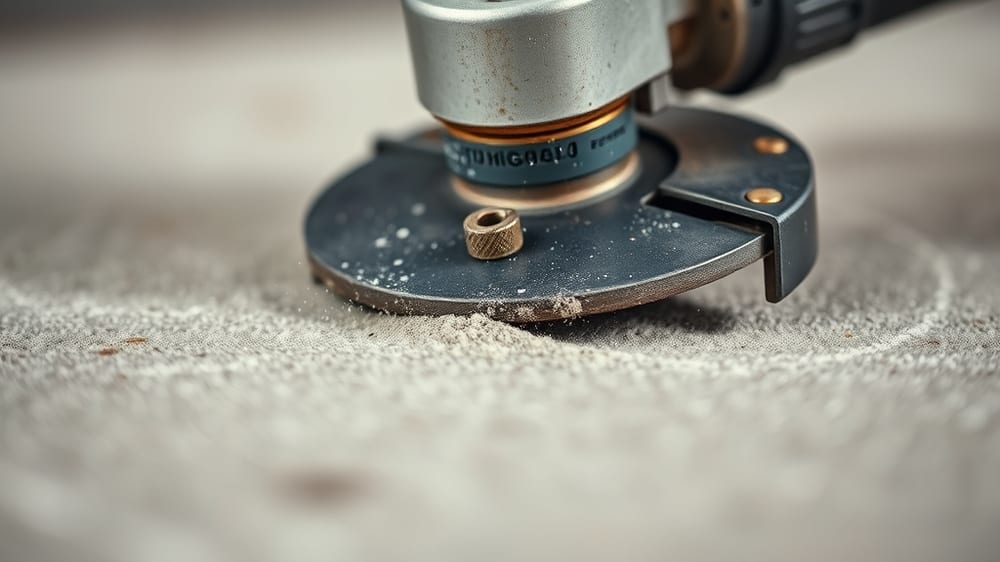 Close-up of a diamond grinding head in action on concrete, creating a textured, rough surface profile