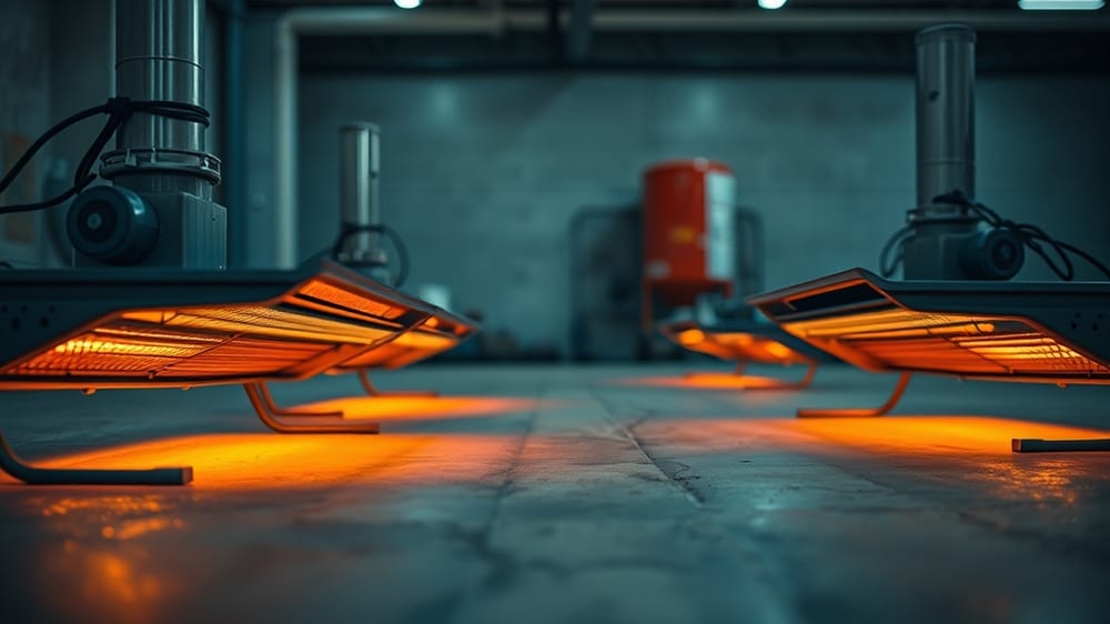 A garage interior with industrial heaters positioned on the concrete floor during epoxy curing