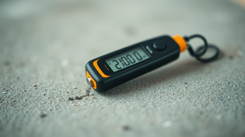 A concrete floor surface with a moisture meter probe inserted during pre-installation testing